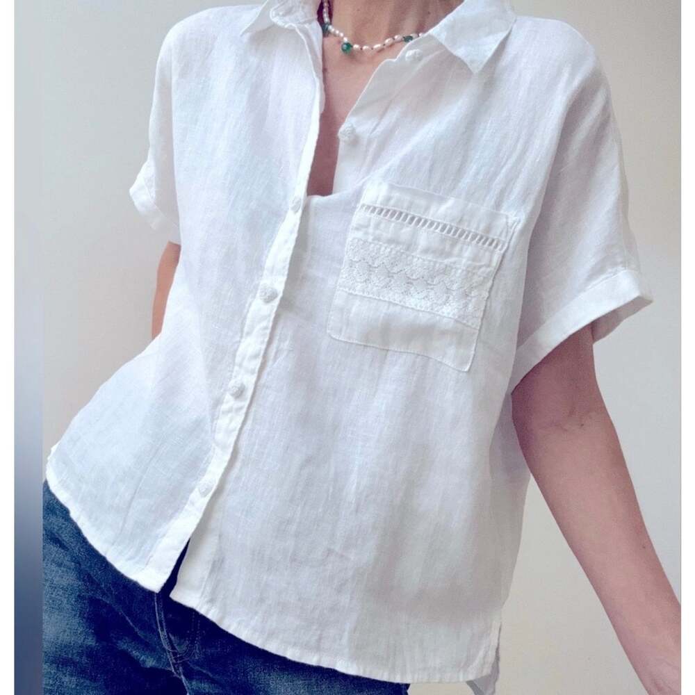 Joie White 100% Linen Button Front Lace Trim Shirt Blouse Size Small